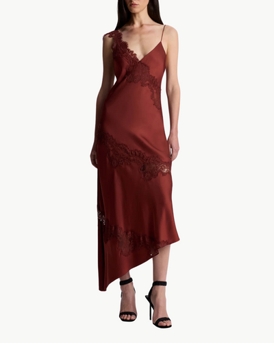 STELLA SATIN AND LACE MIDI DRESS IN BOSCO