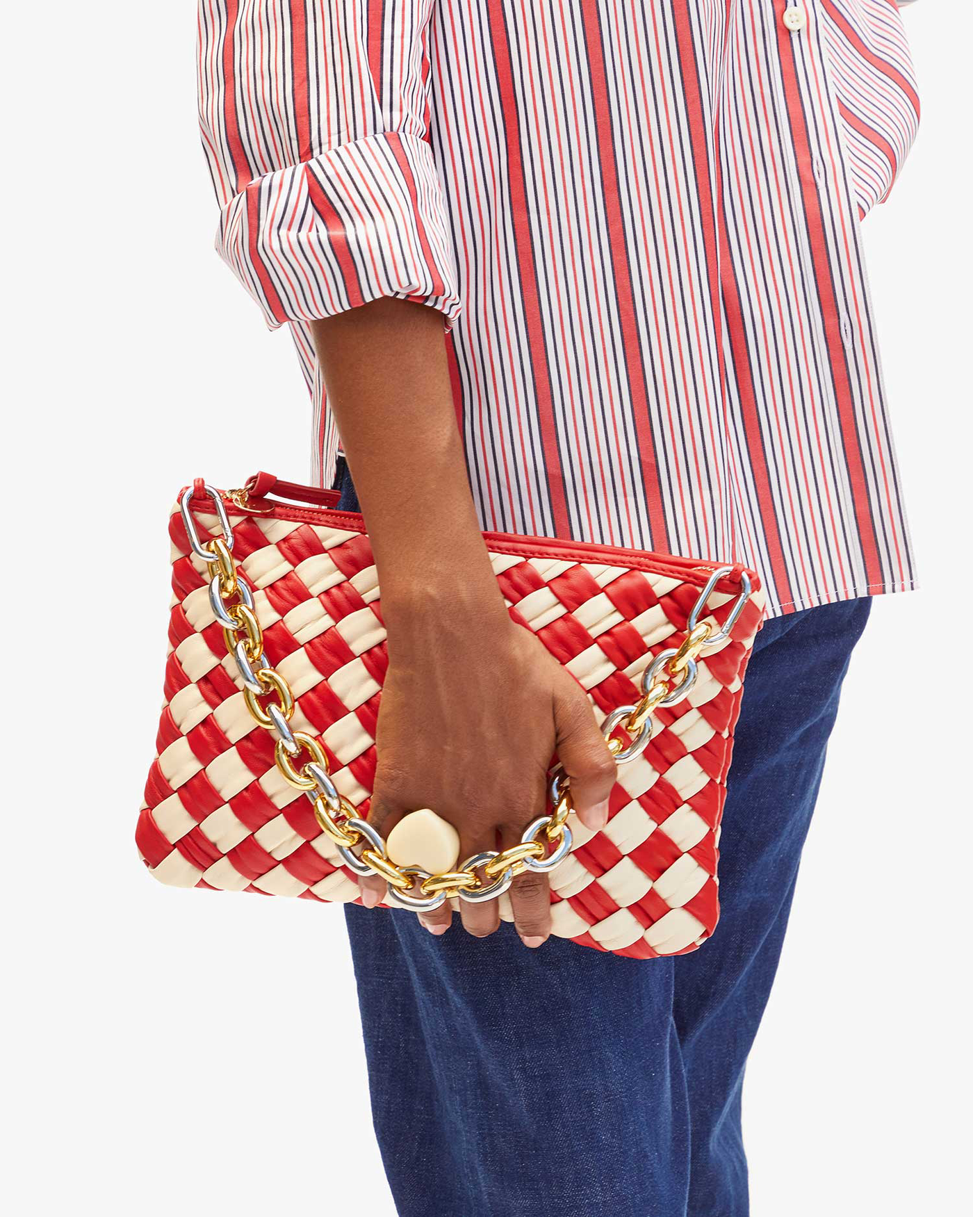 FLAT CLUTCH IN ROSSA AND CREAM PUFFY WOVEN NAPPA