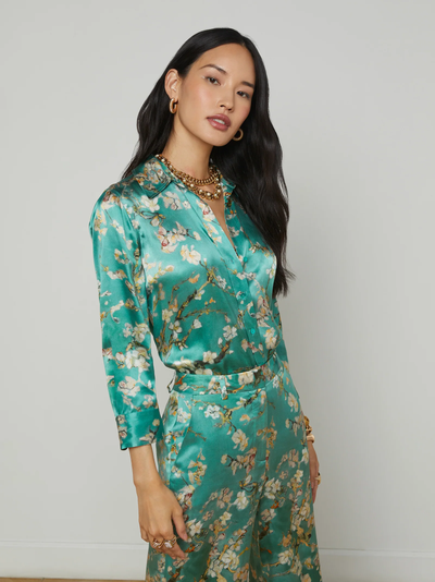 DANI 3/4 SLEEVE BLOUSE IN TEAL MULTI WATERCOLOR CHERRY BLOSSOM