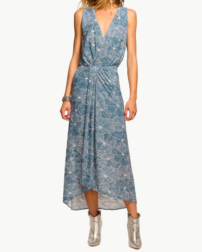 YUKA V-NECK MIDI DRESS IN CHAMBRAY BURNOUT