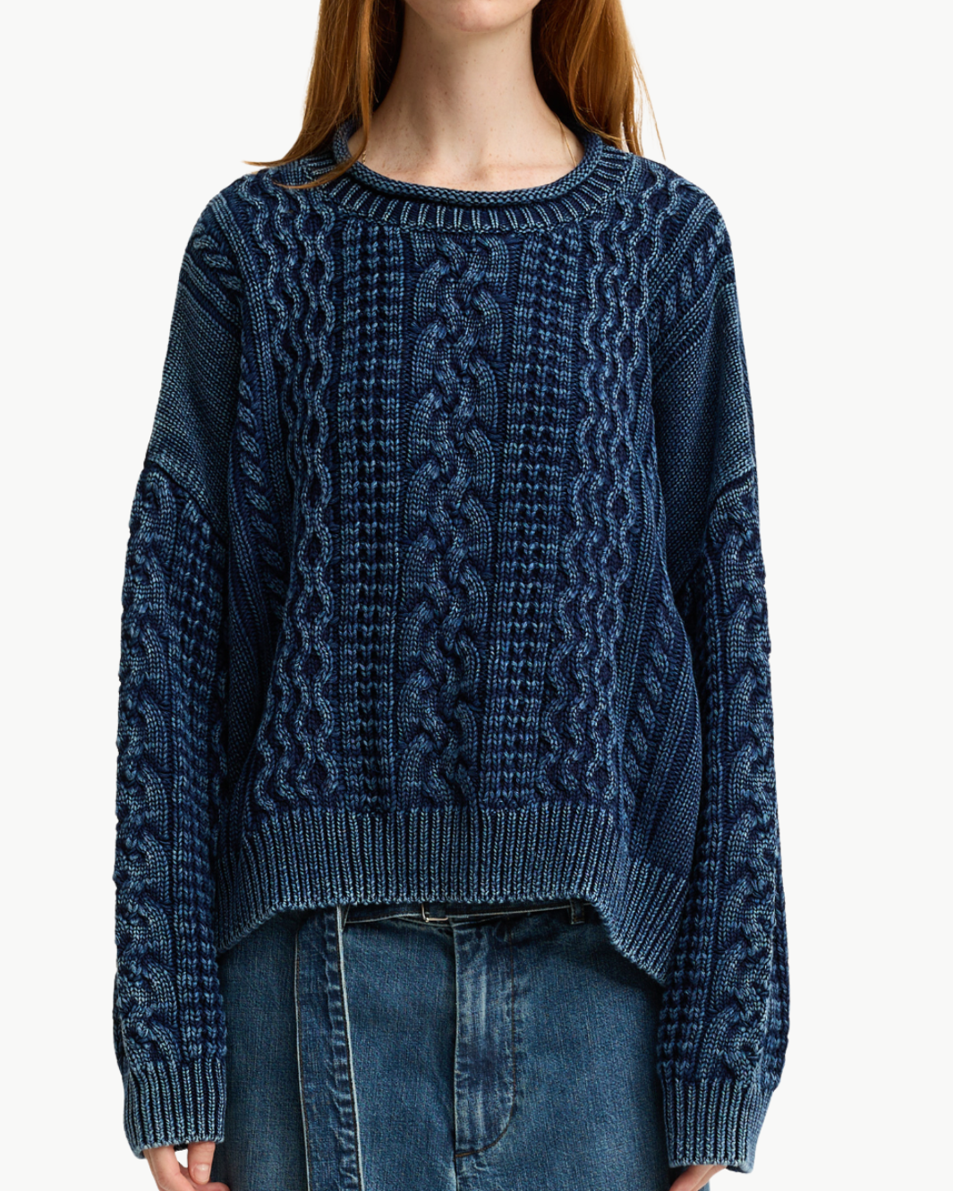 OVERSIZED ARAN SWEATER WITH ROLLED NECK IN INDIGO