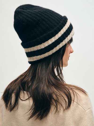 CASHMERE LUXE BEANIE IN BLACK/NATURAL