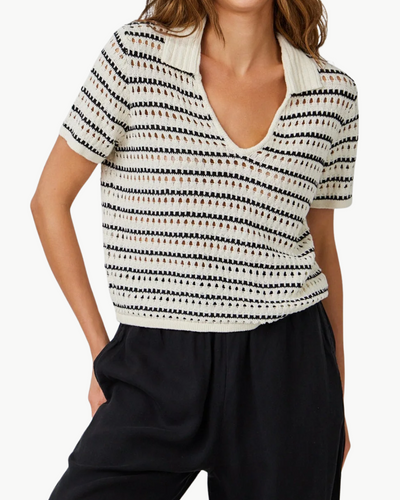 COLLARED POPOVER SWEATER IN IVORY/BLACK STRIPE