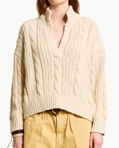 SPLIT NECK CABLE SWEATER IN ECRU SLUB