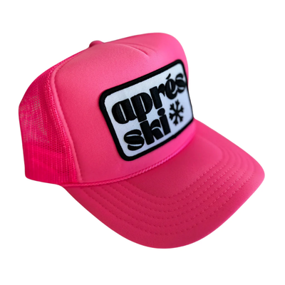 APRES SKI PATCH TRUCKER HAT IN NEON PINK