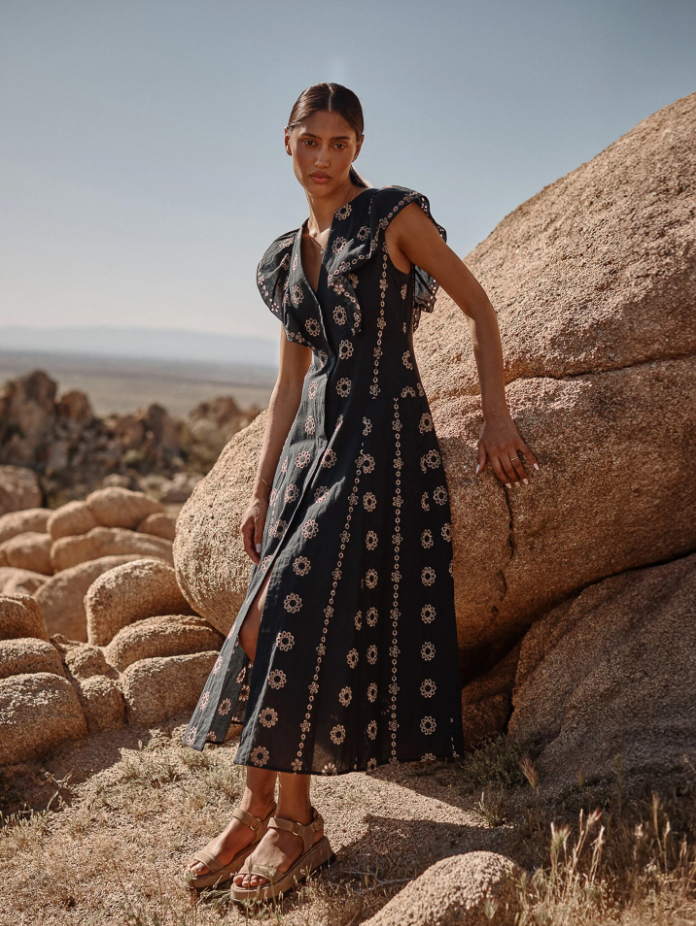 AURORA EYELET DRESS IN BLACK AND BEIGE