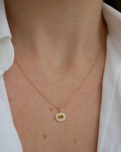 DIAMOND AND OVAL CITRINE GEM NECKLACE IN 14K YELLOW GOLD