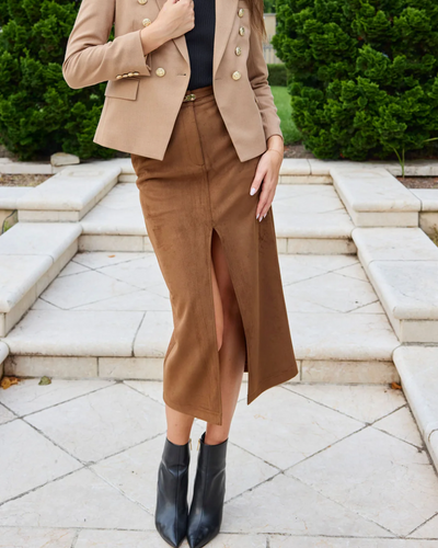 MEDINA BELTED VEGAN SUEDE SKIRT IN CARAMEL