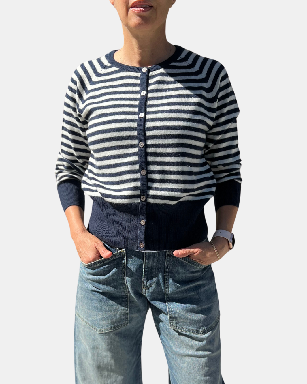 STRIPE SHRUNKEN CARDIGAN IN NAVY AND CREAM