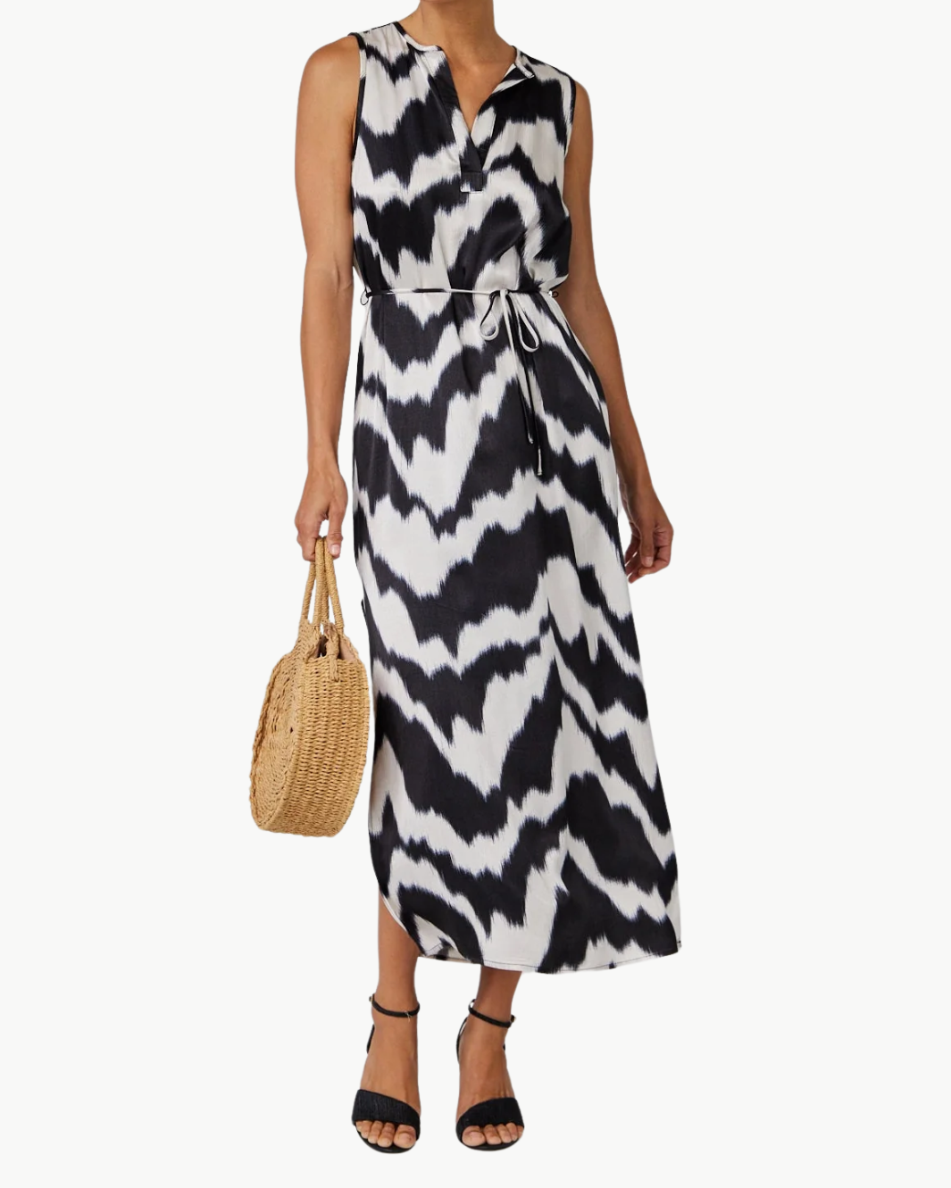 SLEEVELESS BELTED MAXI DRESS IN ABSTRACT IKAT PRINT