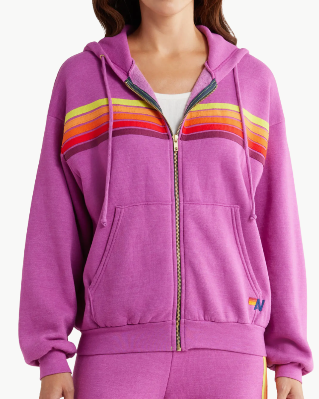 5 STRIPE ZIP HOODIE IN MAGENTA/ORANGE YELLOW