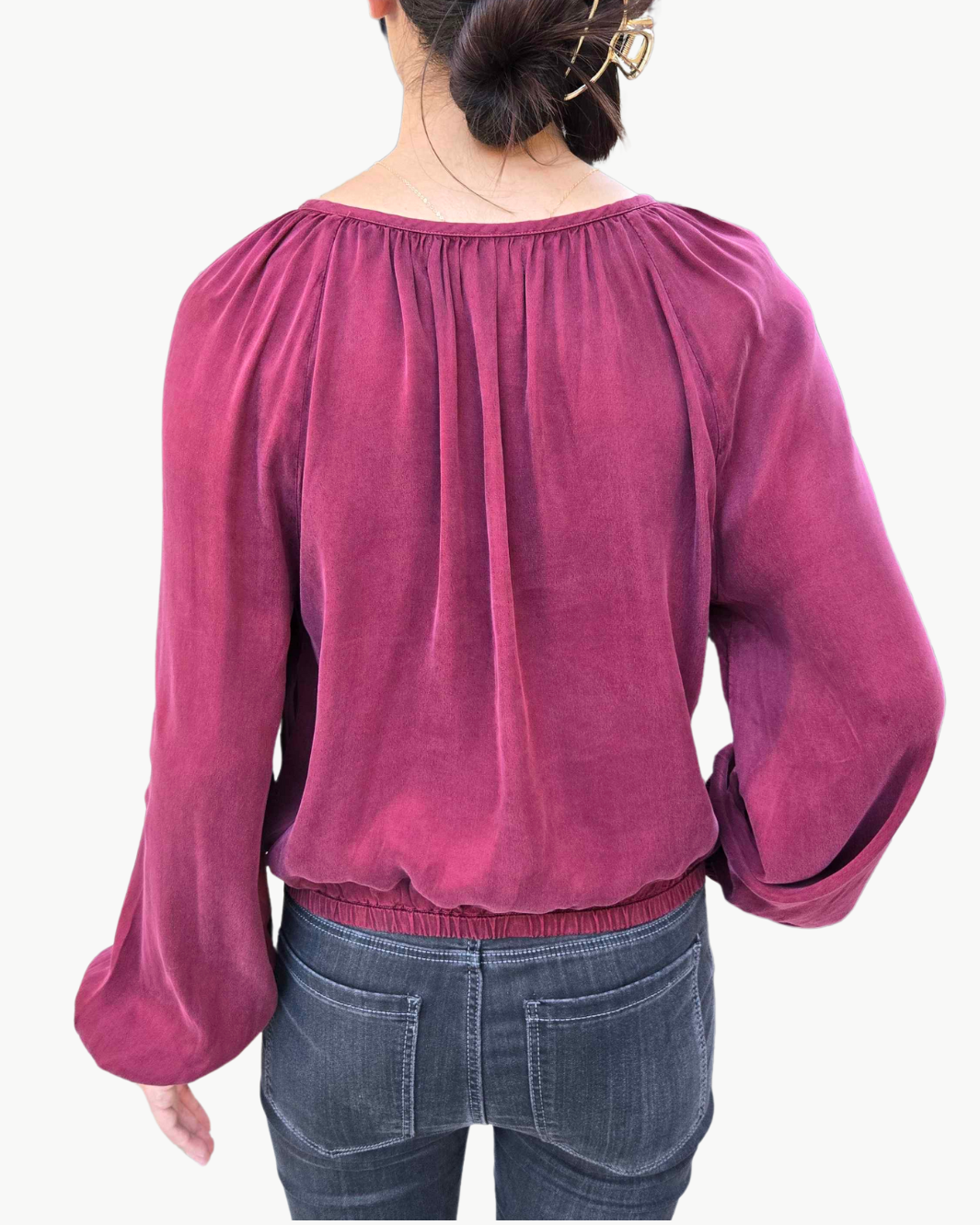 SHIRRED BUTTON FRONT BLOUSE IN DEEP PLUM