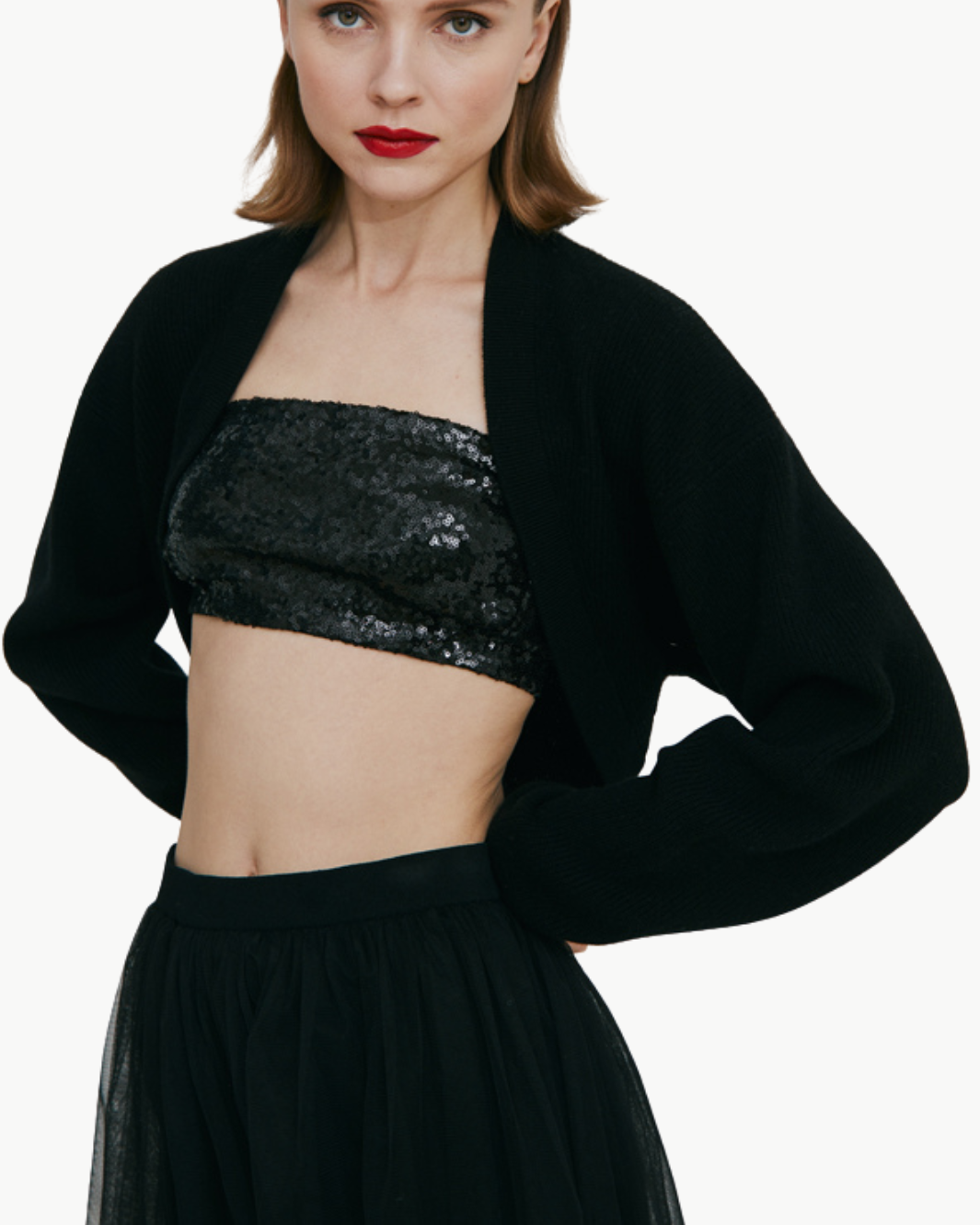 CASHMERE SHAKER SHRUG IN BLACK