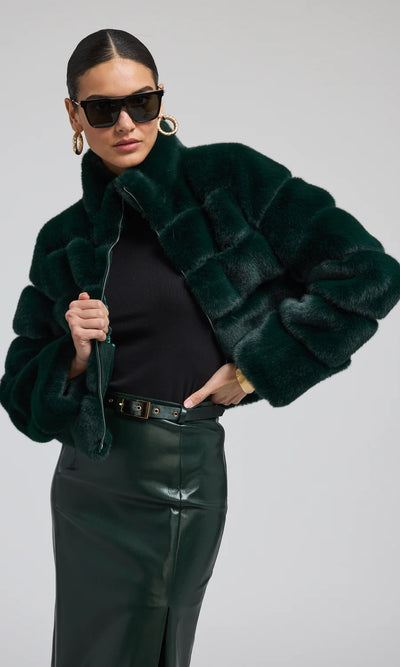 TALA FAUX FUR BOMBER IN FOREST GREEN