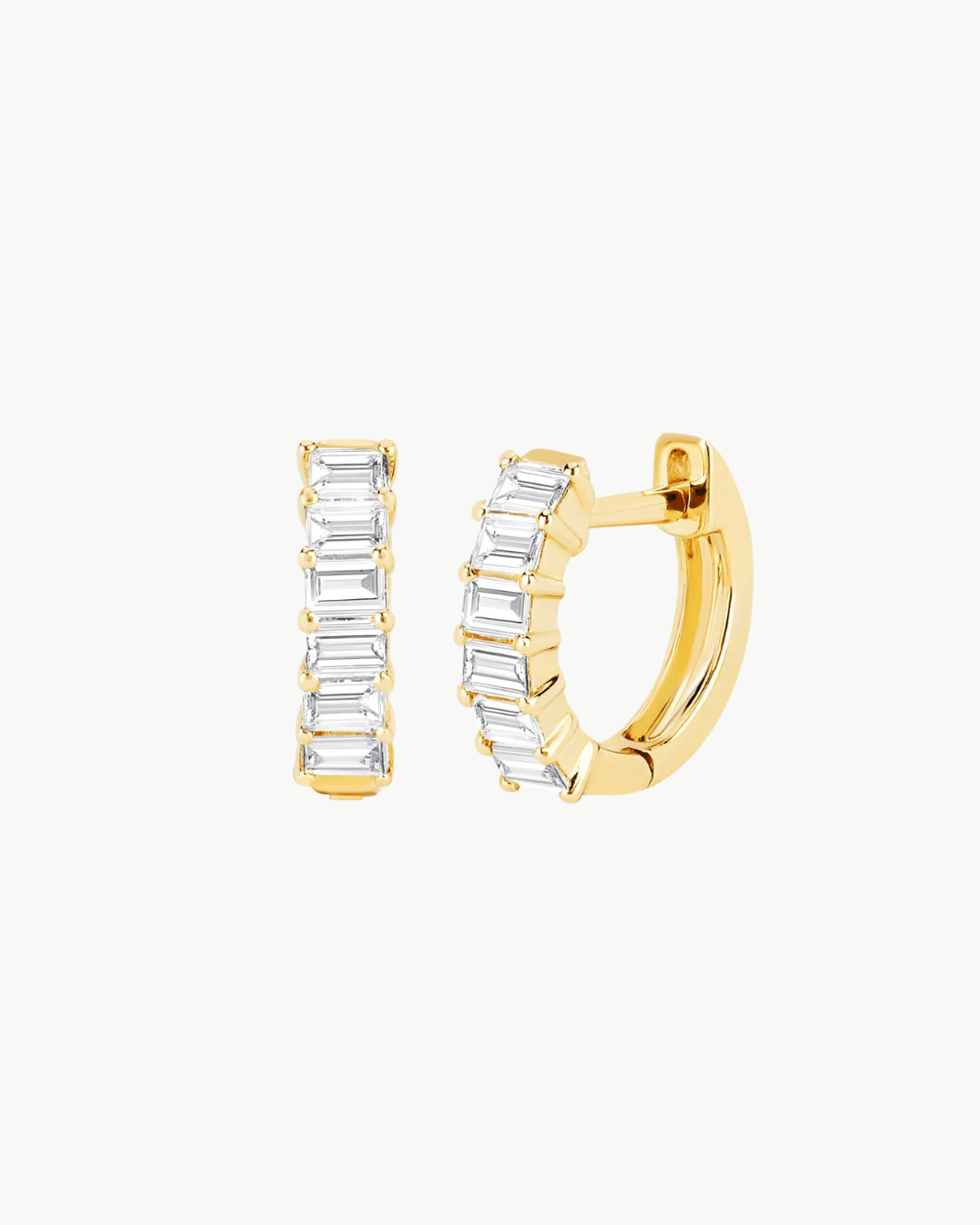 PRONG SET DIAMOND BAGUETTE HUGGIE EARRING IN 14K YELLOW GOLD