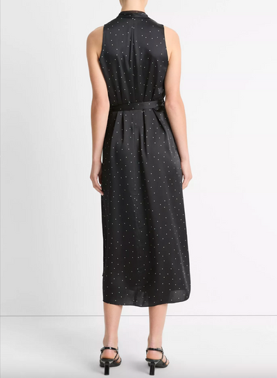 DOT PRINT PANELED CHIFFON WRAP DRESS IN BLACK/GREY