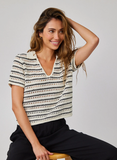 COLLARED POPOVER SWEATER IN IVORY/BLACK STRIPE