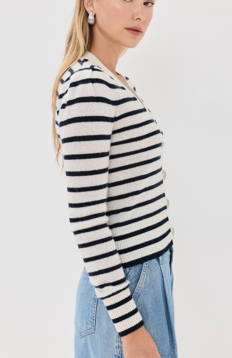 SOLENE CASHMERE CARDIGAN IN IVORY/NAVY