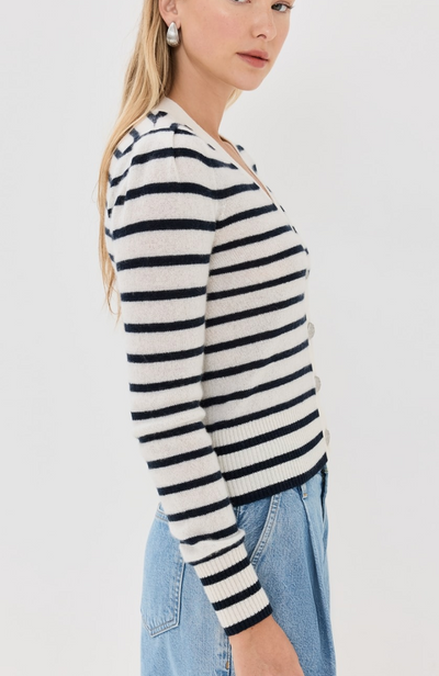 SOLENE CASHMERE CARDIGAN IN IVORY/NAVY