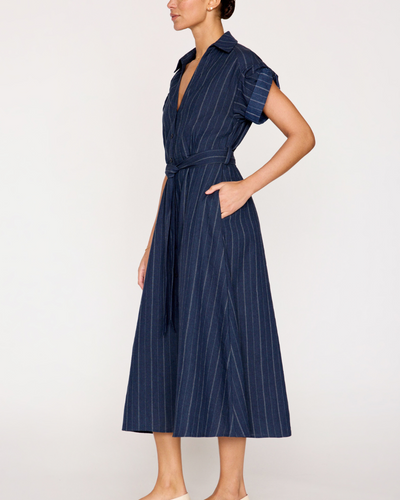 FIA BELTED STRIPE DRESS IN NAVY PINSTRIPE