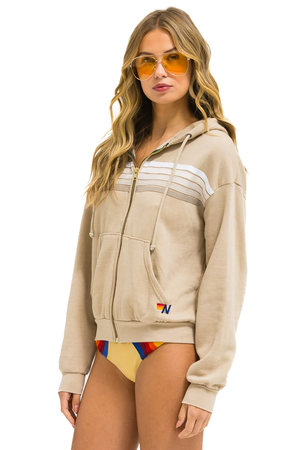 5 STRIPE ZIP HOODIE IN SAND/WHITE GREY