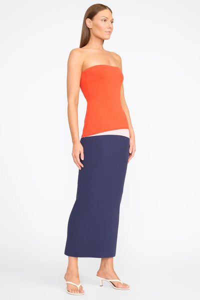 LA SERENA DRESS IN CAYENNE/NAVY/CARNATION