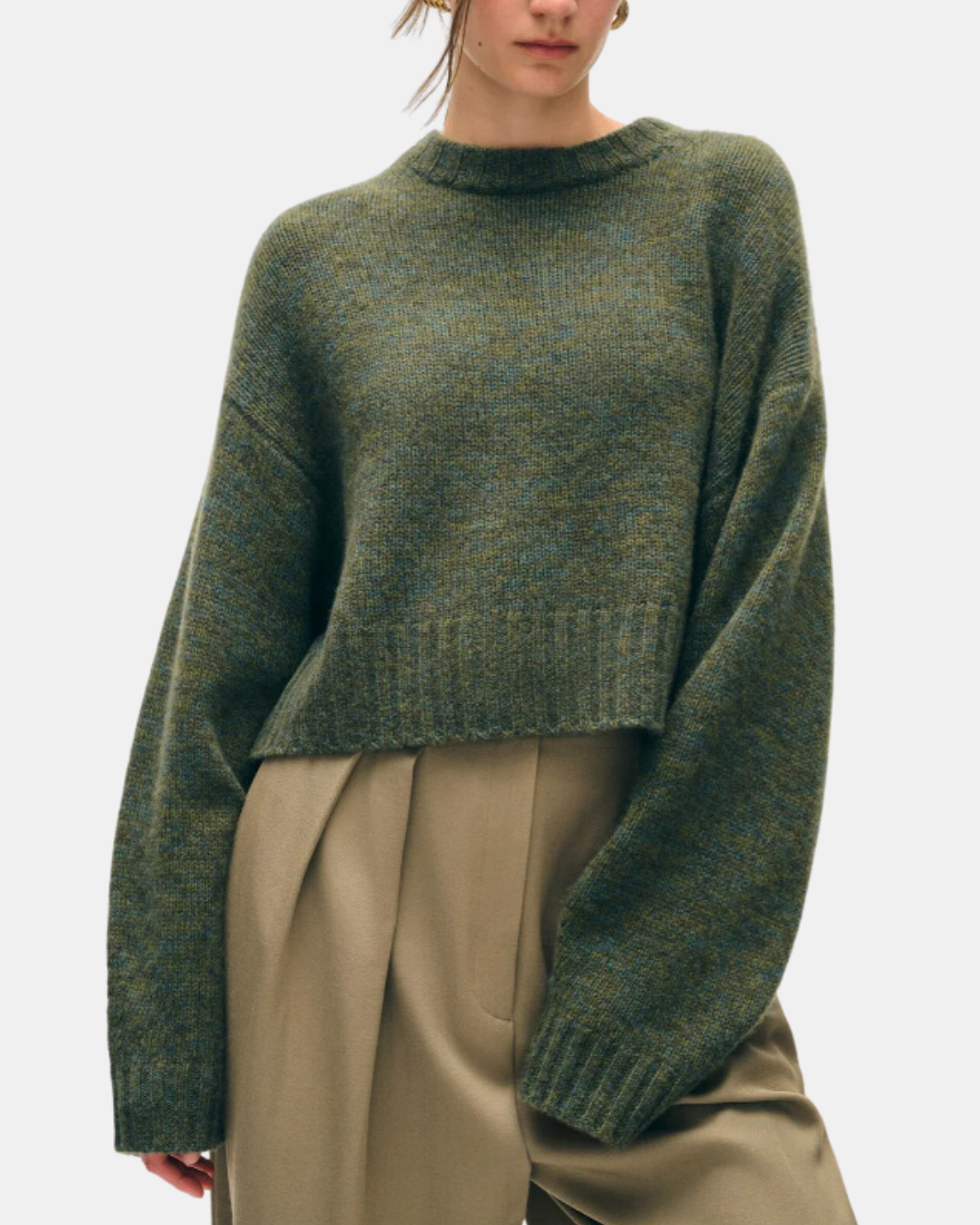 CASHMERE LUXE BOXY CREWNECK IN GREEN MARL