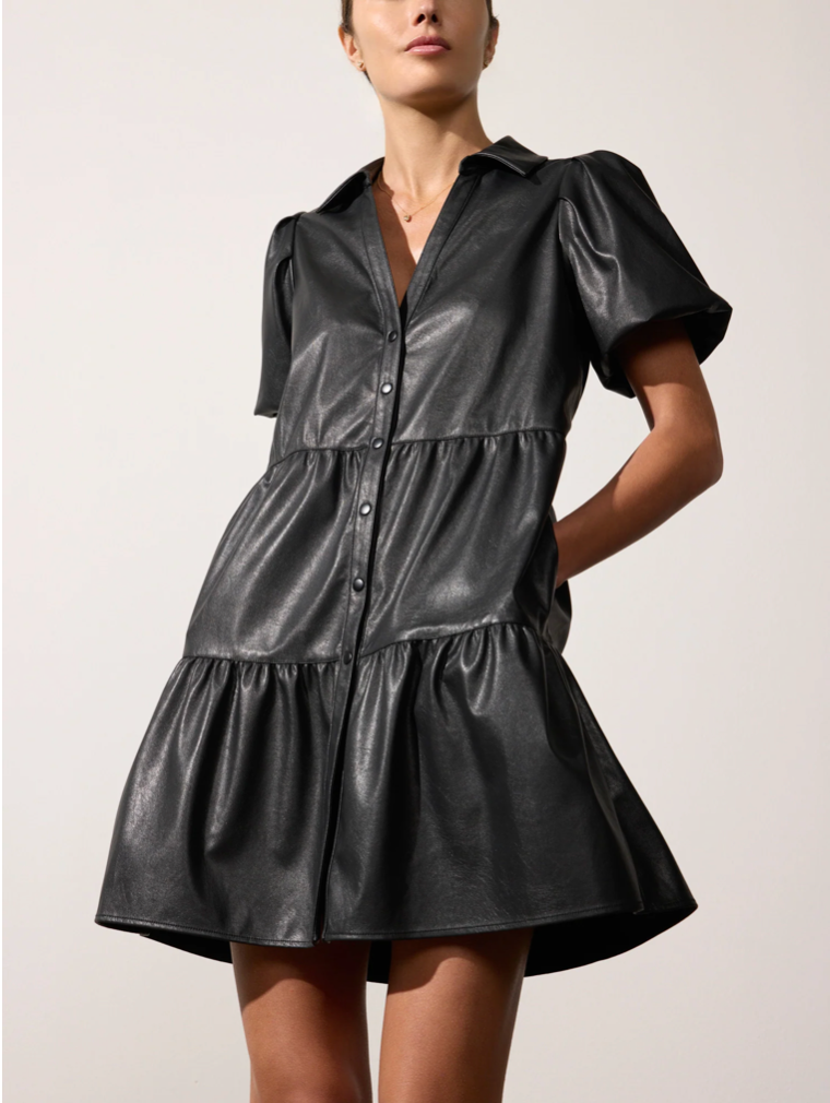 HAVANA VEGAN LEATHER MINI DRESS IN BLACK ONYX