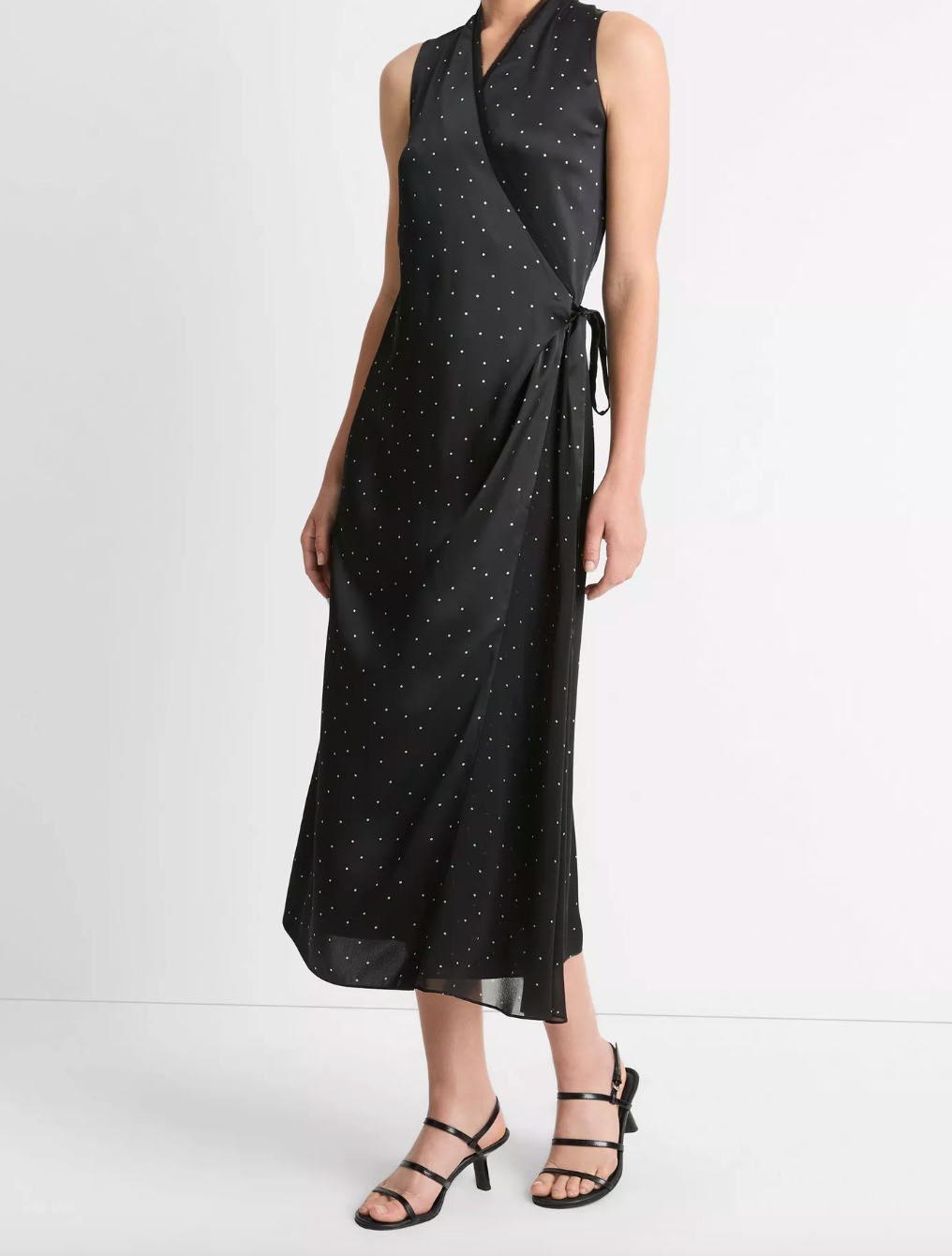 DOT PRINT PANELED CHIFFON WRAP DRESS IN BLACK/GREY