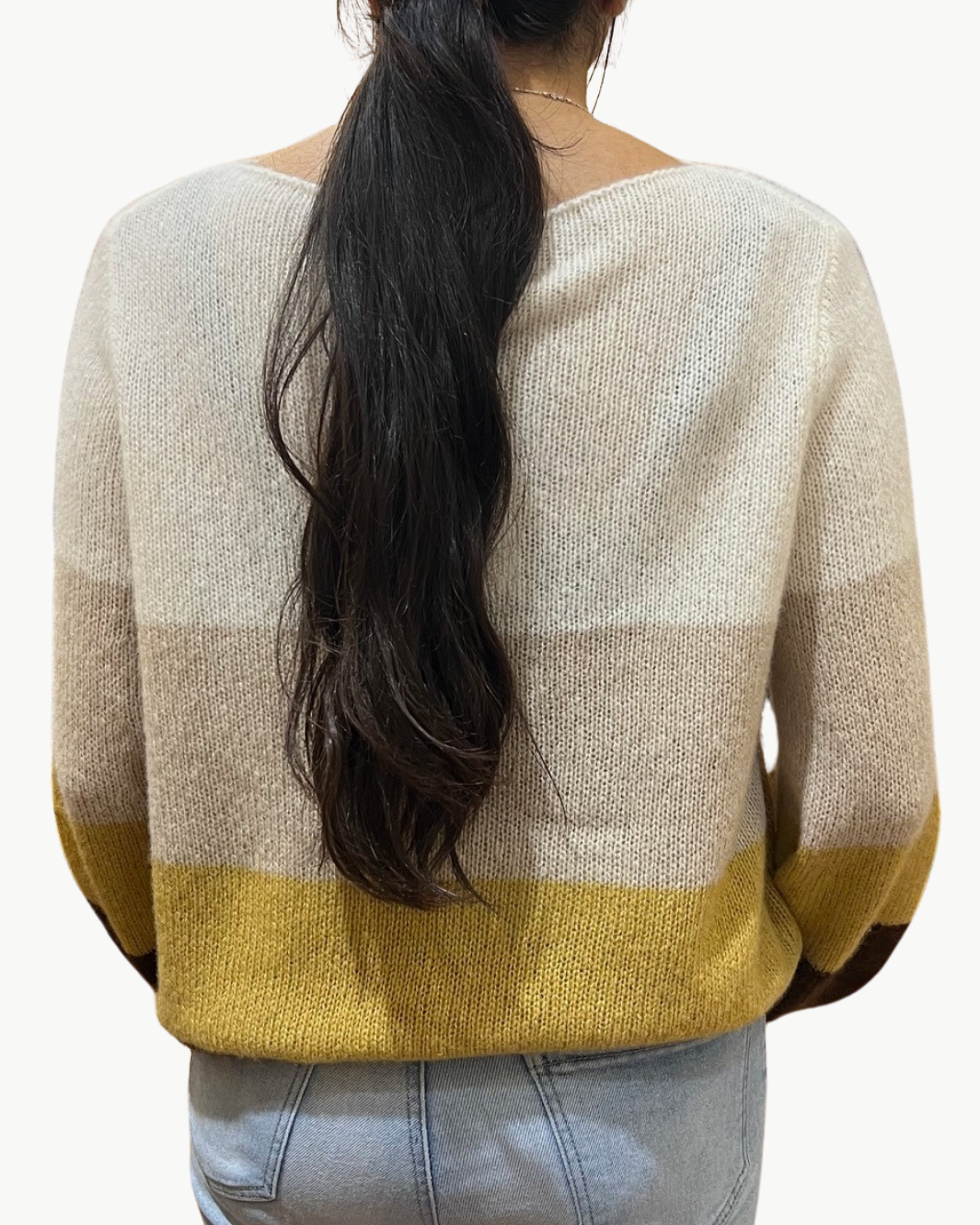 MAIE COLOR-BLOCK BALLOON-SLEEVE PULLOVER IN AMBER COLOR COMBO