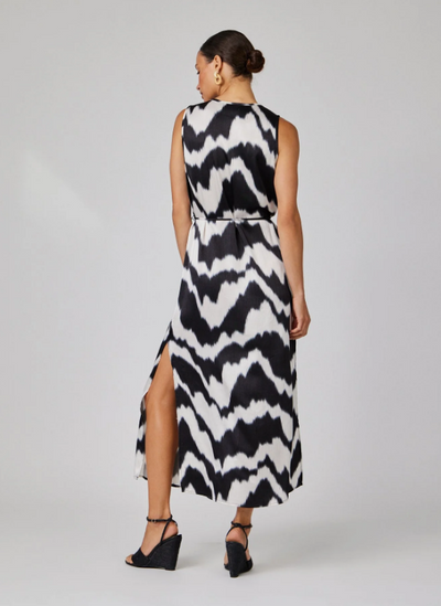 SLEEVELESS BELTED MAXI DRESS IN ABSTRACT IKAT PRINT