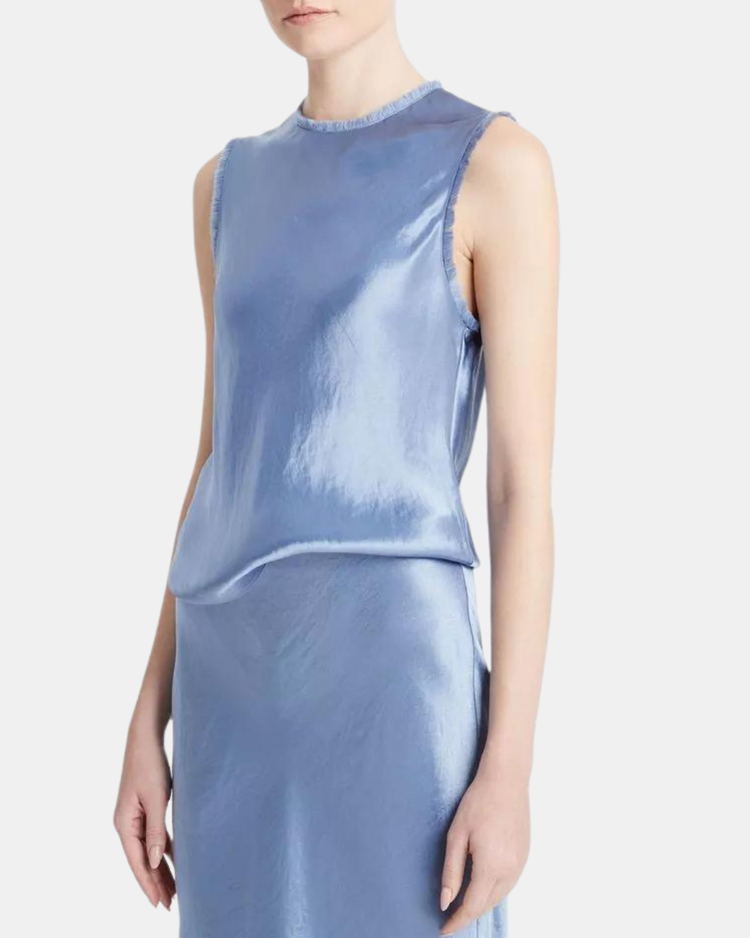 SATIN FRAYED EDGE SHELL IN AZURE GEM - Romi Boutique