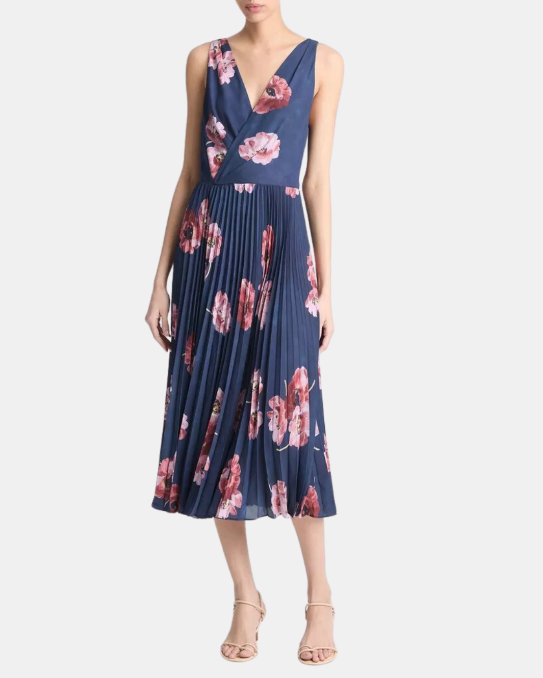 PAINTED POPPY PLEATED DRAPED V-NECK DRESS IN MARINE NIGHT