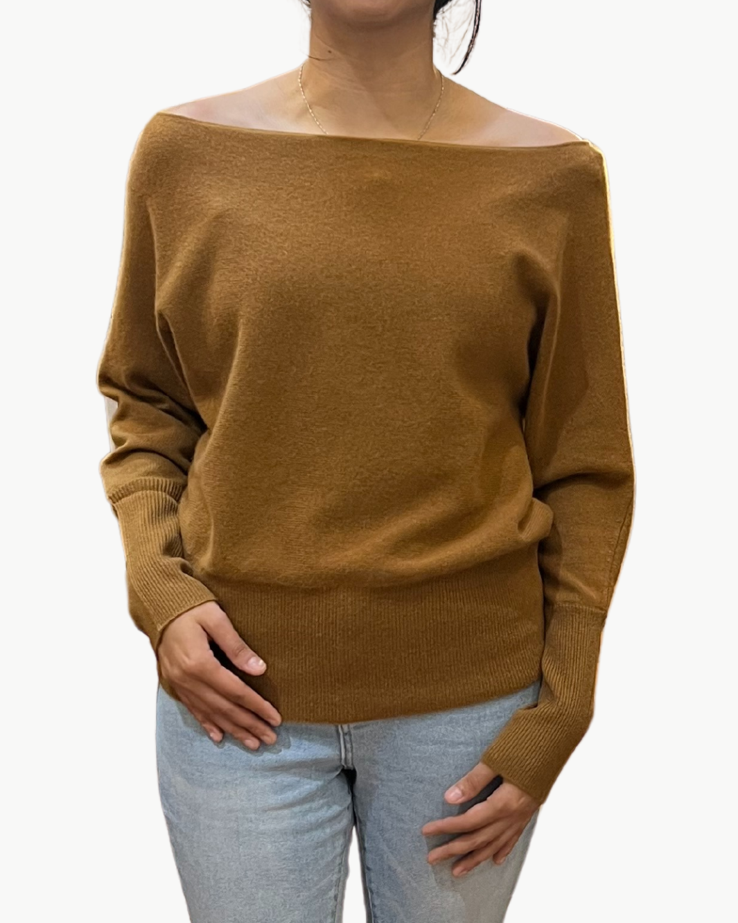 MIMI OFF-THE-SHOULDER SWEATER IN CARAMEL