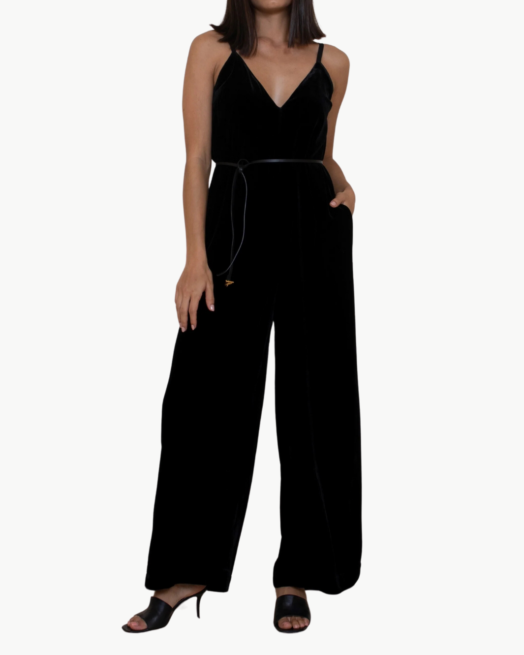 VELVET STRAP JUMPSUIT IN BLACK