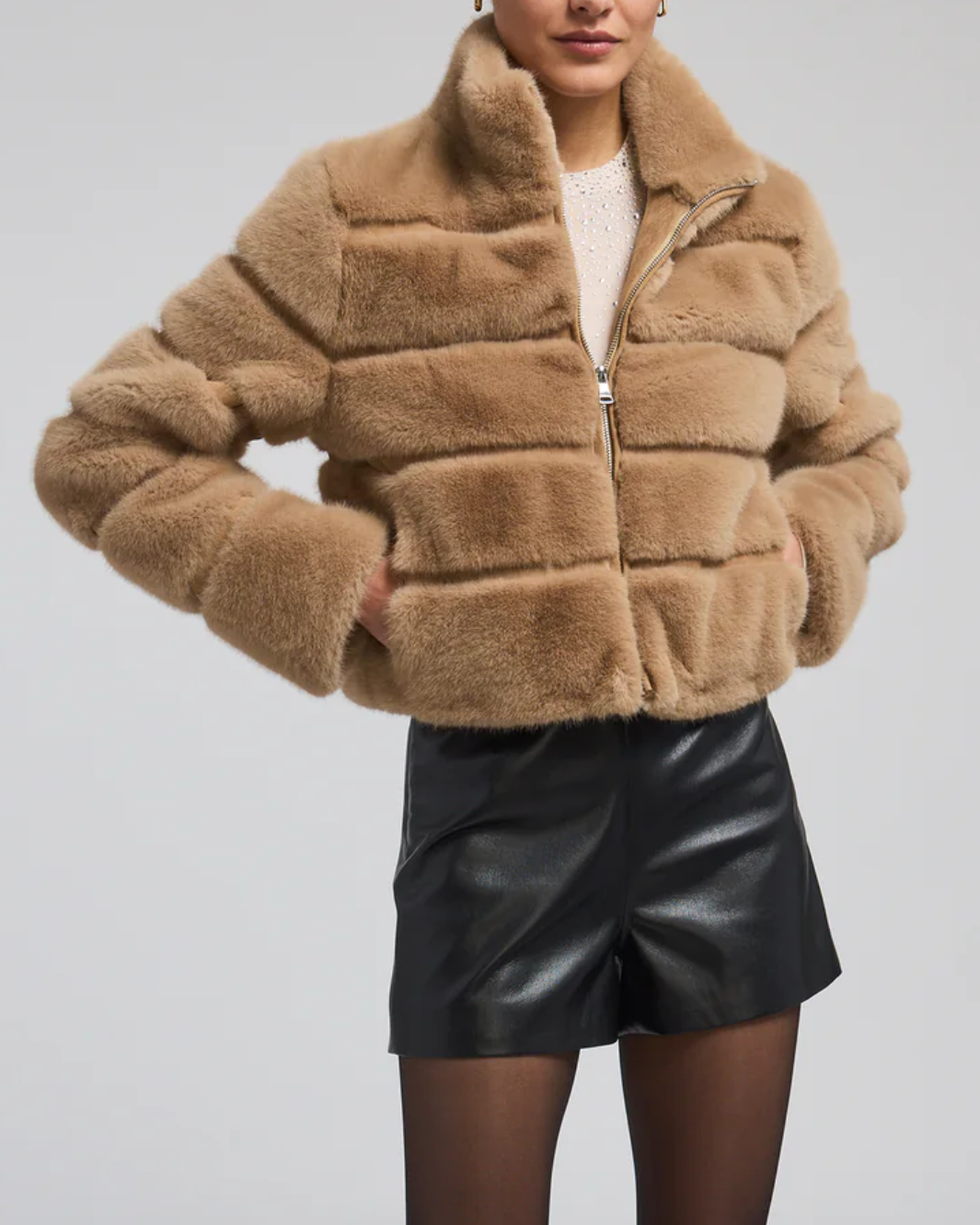 TALA FAUX FUR BOMBER IN TOFFEE