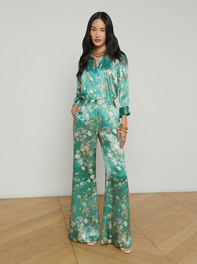 DANI 3/4 SLEEVE BLOUSE IN TEAL MULTI WATERCOLOR CHERRY BLOSSOM