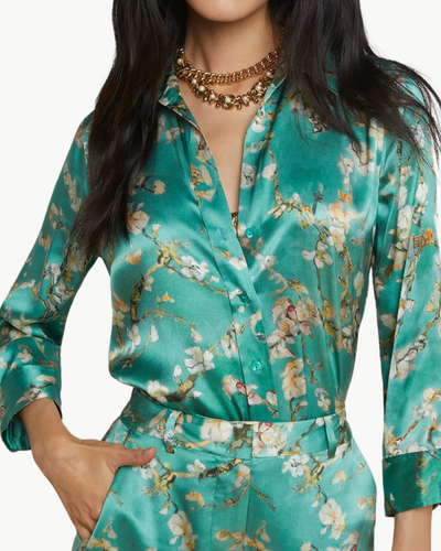 DANI 3/4 SLEEVE BLOUSE IN TEAL MULTI WATERCOLOR CHERRY BLOSSOM