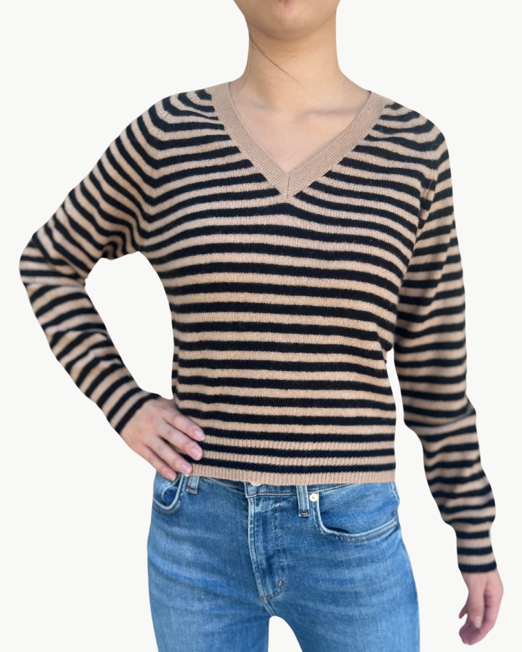 CROP STRIPE VEE IN CAMEL BLACK