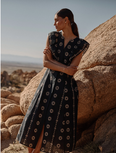 AURORA EYELET DRESS IN BLACK AND BEIGE