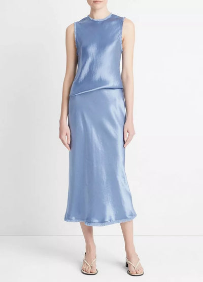 SATIN FRAYED EDGE SHELL IN AZURE GEM - Romi Boutique