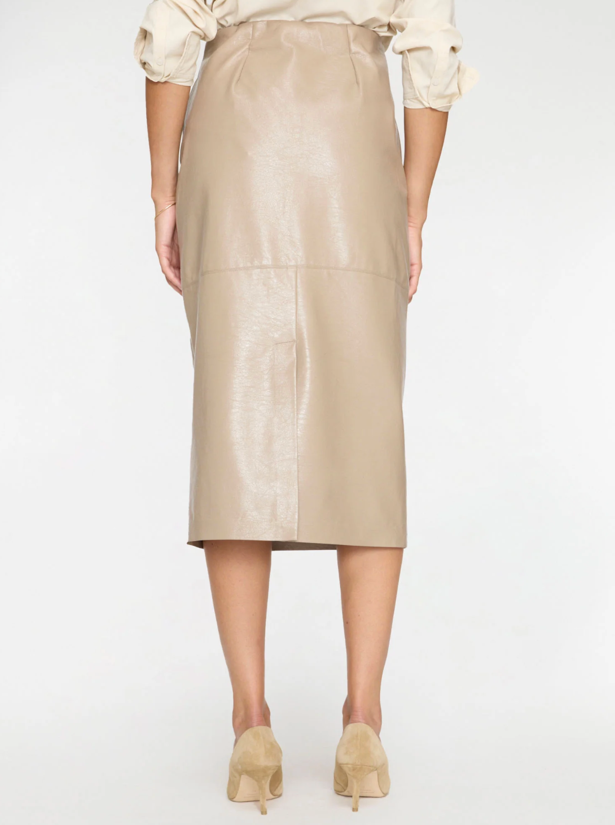 IRENE VEGAN LEATHER SKIRT IN GLOSSY TAUPE