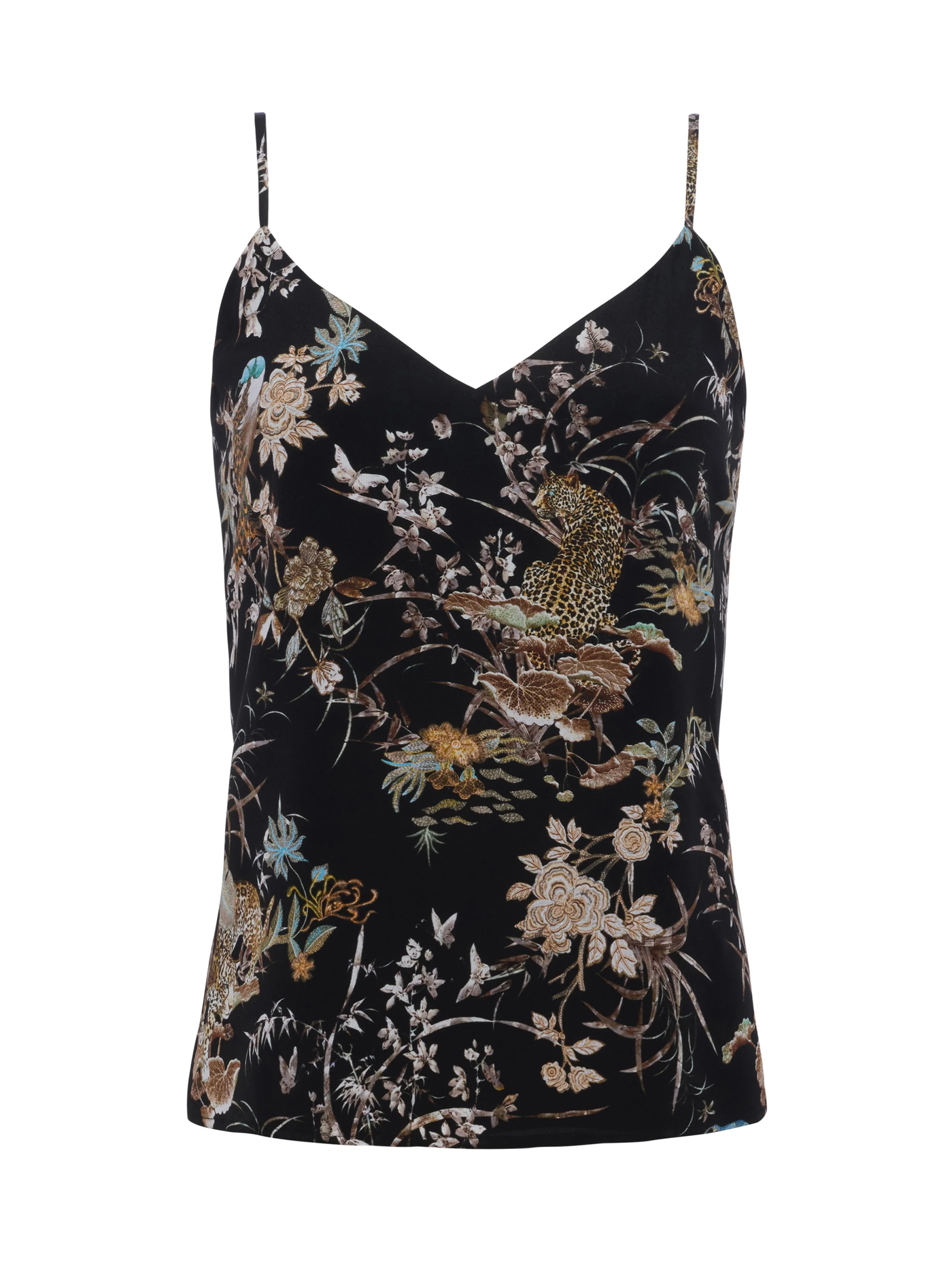 JANE SPAGHETTI STRAP TOP IN BLACK MULTI TAPESTRY JUNGLE PRINT