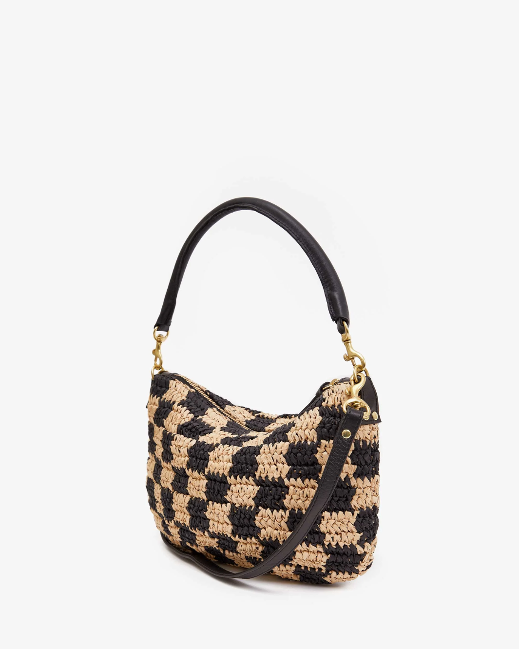 PETIT MOYEN MESSENGER IN BLACK & NATURAL CHECKER RAFFIA