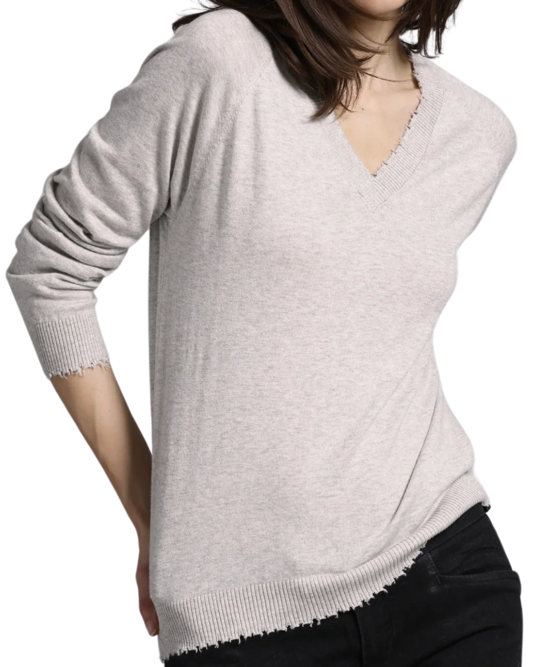 COTTON CASHMERE FRAYED EDGE V IN LIGHT HEATHER GREY