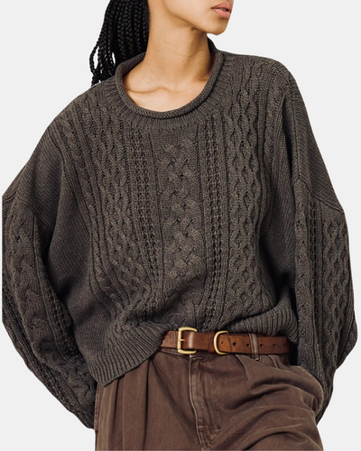 ARAN SWEATER WITH ROLLED NECK IN MEDIUM HEATHER BROWN