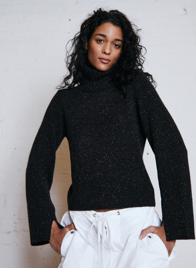 SPLIT SLEEVE CUFFED SWEATER WITH DETACHABLE SNOOD IN PUMPERNICKEL