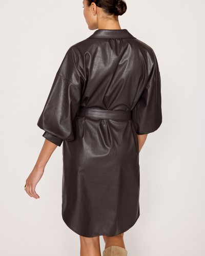 KATE BELTED VEGAN LEATHER SHIRT DRESS IN TIMBER