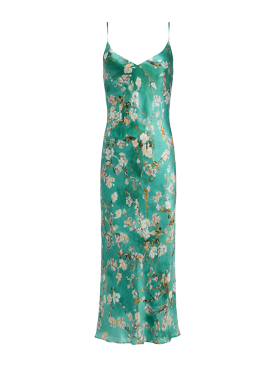 SERIDIE SLIP DRESS IN TEAL MULTI WATERCOLOR CHERRY BLOSSOM