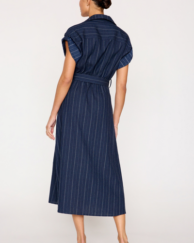 FIA BELTED STRIPE DRESS IN NAVY PINSTRIPE